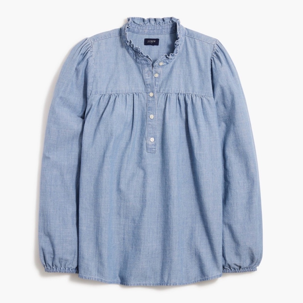JCREW Chambray Blue Ruffle Popover Blouse Top S Coastal Romantic Spring